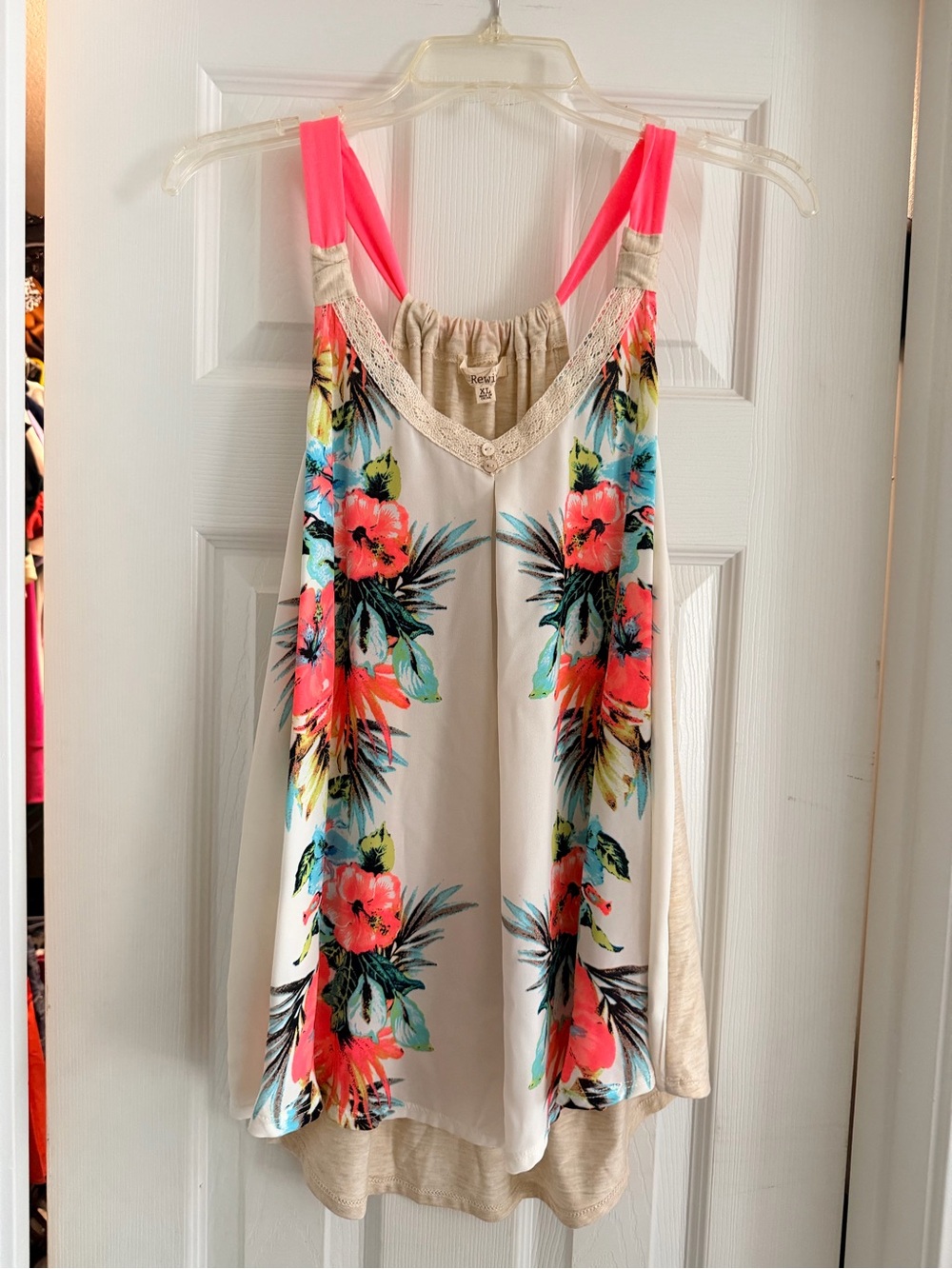 Rewind Cream Floral Tank with Neon Pink Straps